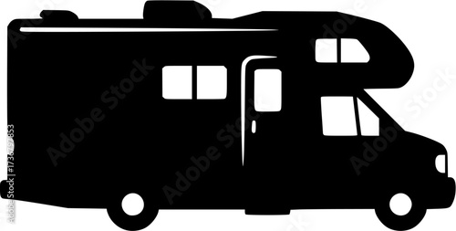 Black silhouette of a recreational vehicle rv camper van for travel and outdoor adventure lifestyle
