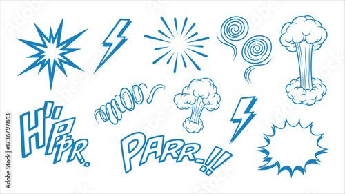 Blue Comic Book Style Sound Effects and Explosions on White Background lightning bolt starburst