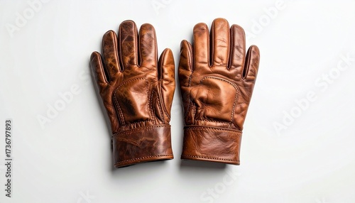 A pair of leather gloves with detailed stitching, isolated on plain white background, photorealistic ultra-sharp product image.