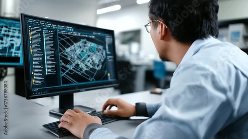 Close-up of an industrial designer using 3D CAD software to plan robotic assembly lines, representing the future of engineering and digital transformation in manufacturing. 3D CAD
