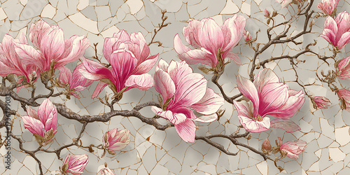 Delicate pink magnolia blossoms adorn textured branches in spring awakening