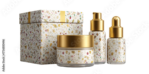 Elegant skincare set with floral pattern and gold accents, featuring cream jar, serum bottle, and gift box for beauty and cosmetic product presentation