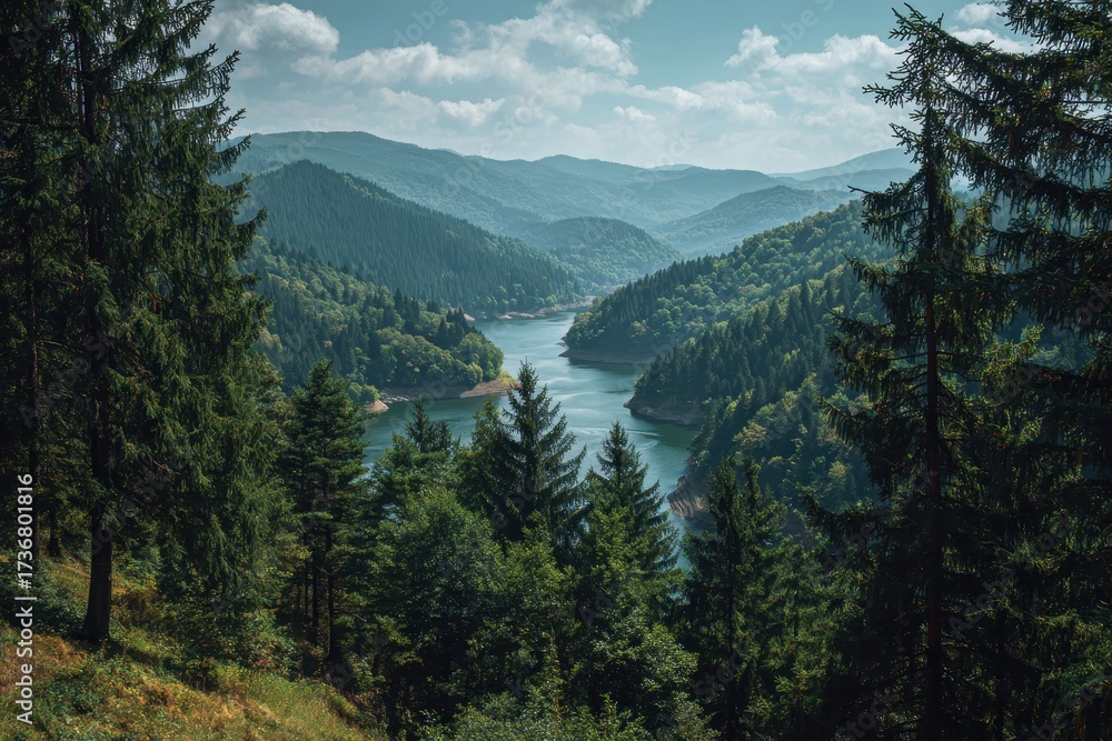 Obraz premium Stunning landscape view of a tranquil lake surrounded by lush pine forest under a blue sky with fluffy clouds