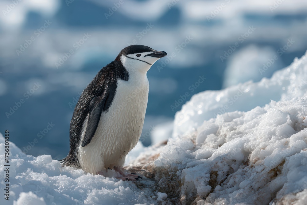 Naklejka premium Chinstrap penguin standing on ice in Antarctica under bright sunlight