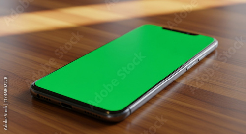 Sleek modern smartphone with a vibrant green screen lies on a rich wooden table, ideal for showcasing your digital content and apps.