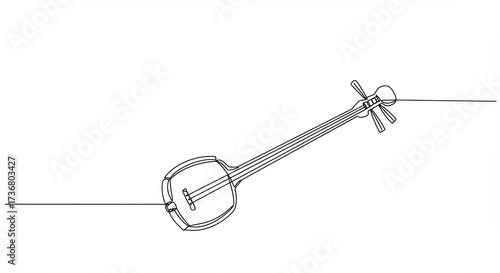 Elegant minimalist line art illustration of a traditional shamisen instrument