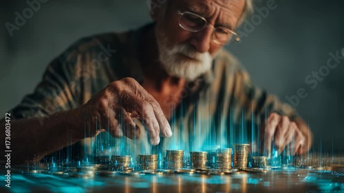Senior male focused on organizing gold coins, illuminated by futuristic digital effects symbolizing fintech innovation, wealth management. Highlights themes pension planning, cryptocurrency trends