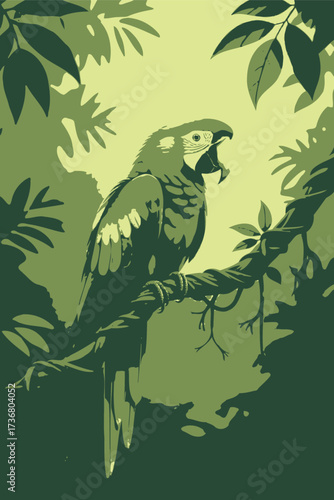 Tropical Cartoon Parrot Macaw Sitting on Jungle Branch Adobe Illustrator Artwork