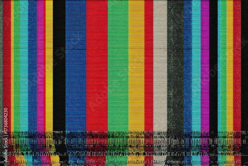 Retrostyle technical difficulties screen displaying colorful pixelated patterns and stripes reminiscent of vintage television static from the 1980s