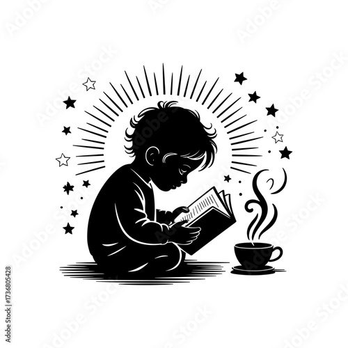 Silhouettes of people or children reading books, Isolated diverse kids with backpacks walking to school, women and children, education concept, learning, knowledge, library scene, study time