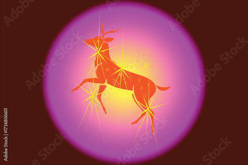 Santa’s sleigh in  light, pulled by glowing reindeer flying across a starry sky