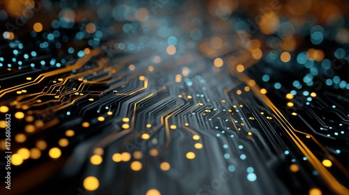 Photos Electronic circuits illuminated, glowing, abstract, against a black background,