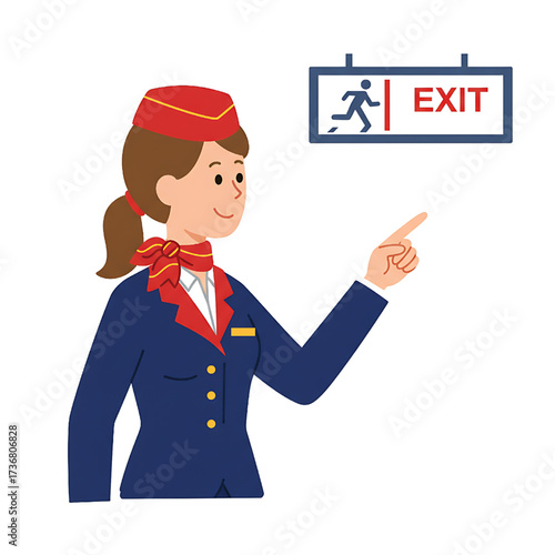 Flight Attendant Pointing to Emergency Exit Sign on a White Background