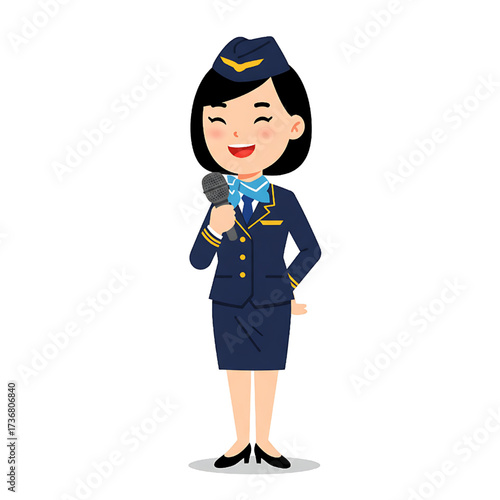 Cartoon Air Hostess Holding Microphone in Uniform Isolated on White Background