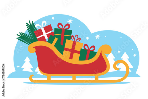 A festive red and gold sleigh filled with colorful christmas presents against a snowy backdrop