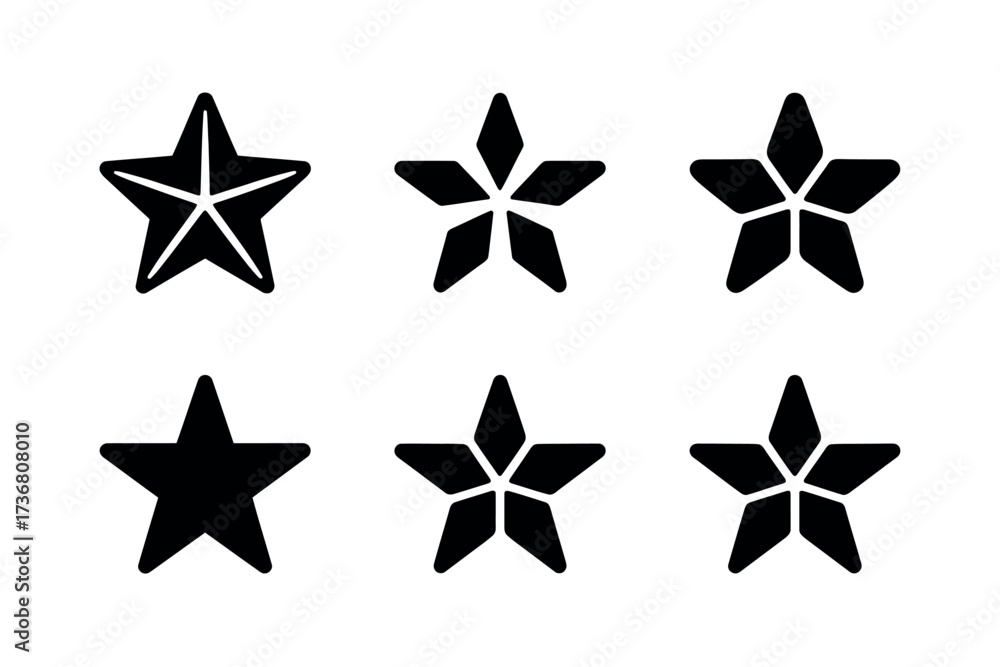 Fototapeta premium A collection of six black star shapes arranged in two rows on a white background illustration