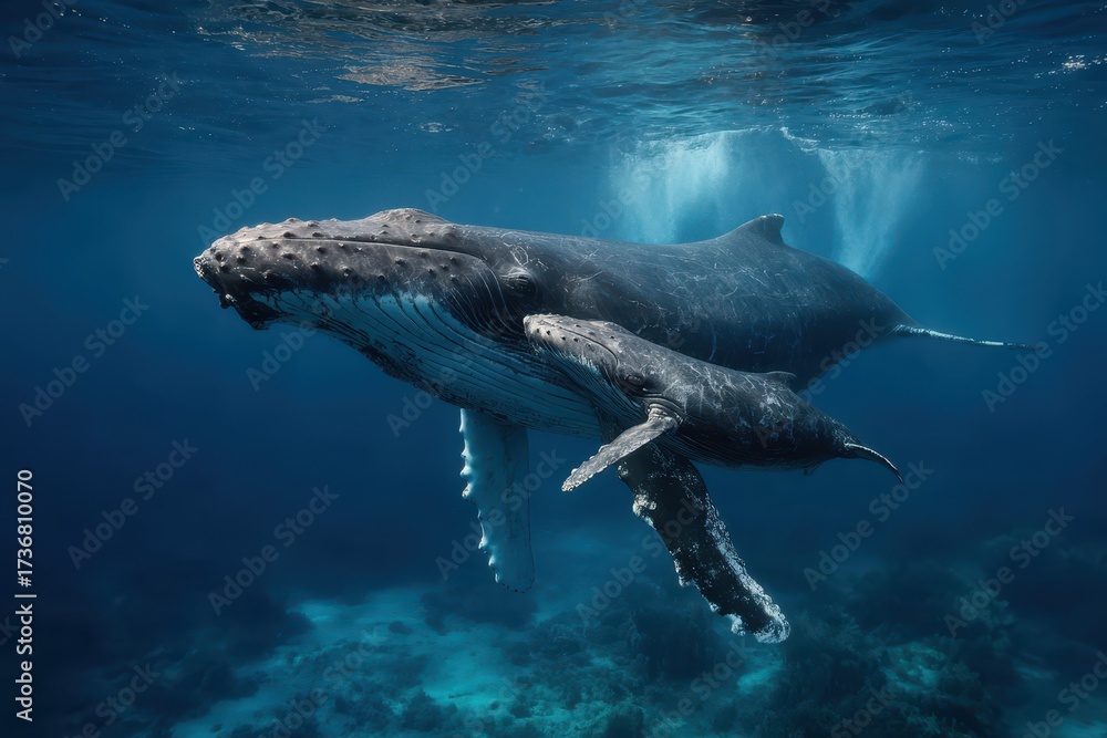 Obraz premium Mother humpback whale and her calf swim gently together in the clear waters of Tonga, showcasing an intimate moment in their natural habitat