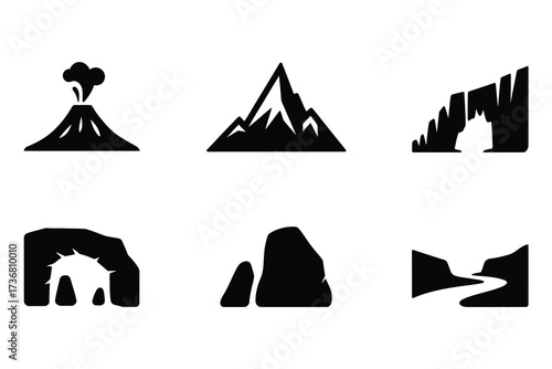 Collection of stylized silhouette icons representing natural landscapes and geological features