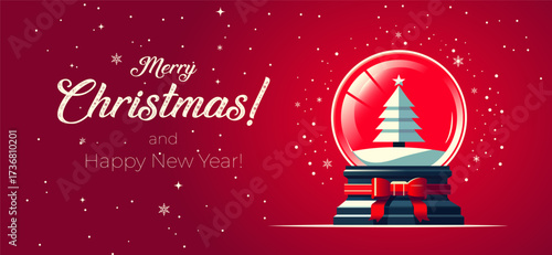 Merry Christmas greeting card with snow globe. Christmas elegant invitation with glass snow globe with fir tree. Snow ball with Xmas tree on red background design. Holiday banner with snow globe