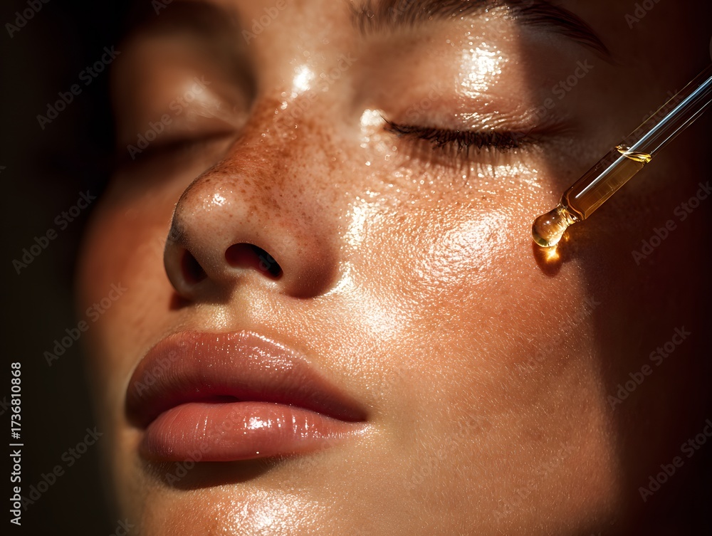 Obraz premium Woman with a light skin tone is applying a lotion to her face. The lotion is in a bottle and is being applied to her face with a dropper. The woman has a relaxed