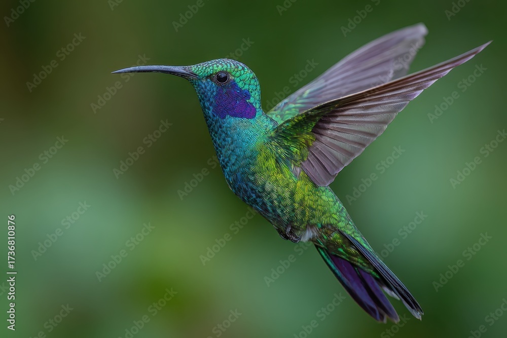 Obraz premium Green Violetear hummingbird hovering elegantly in a lush setting with vibrant plumage and iridescent colors