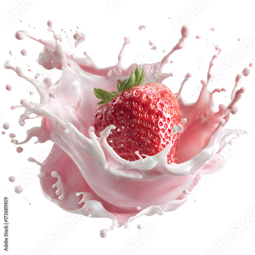 Single strawberry in pink liquid splash isolated on transparent background