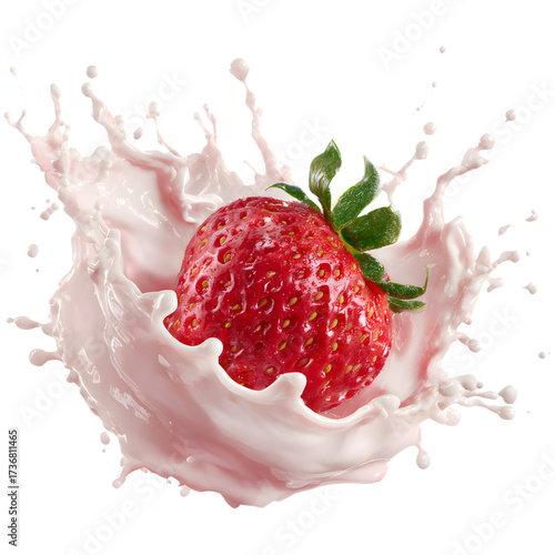 Single strawberry splashing into milk isolated on transparent background