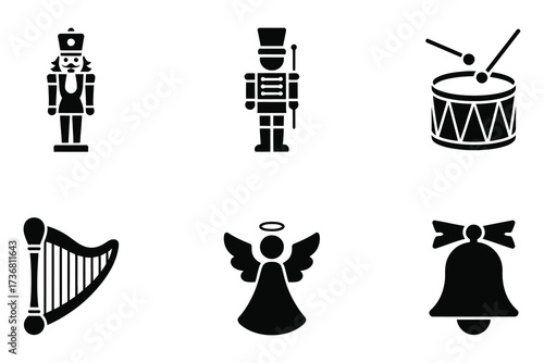 Christmas icons silhouette collection festive nutcracker drum harp angel bell symbols festive decorations