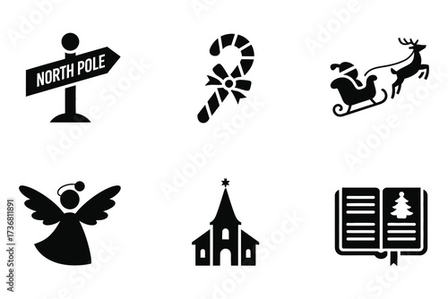 Christmas icons set north pole sign candy cane sleigh angel church open book tree celebration
