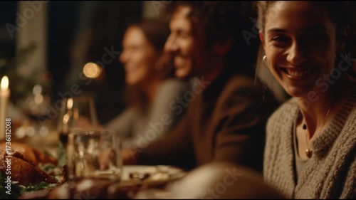 A close up view of a Thanksgiving dinner with family and friends gathered around the table, smiling and laughing together while eating; festive atmosphere, cinematic lighting, joyful holiday moment