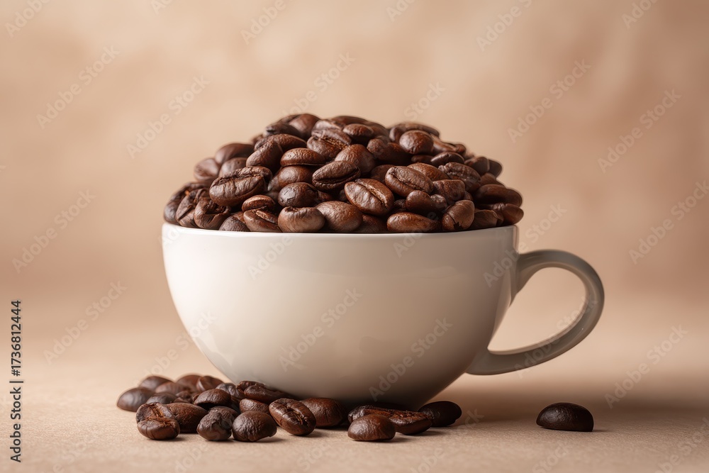 Fototapeta premium Overflowing cup filled with rich roasted coffee beans showcasing a rustic moment of indulgence