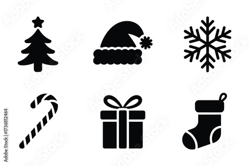 Festive christmas icons set merry season holidays celebration gift snow tree stocking candy