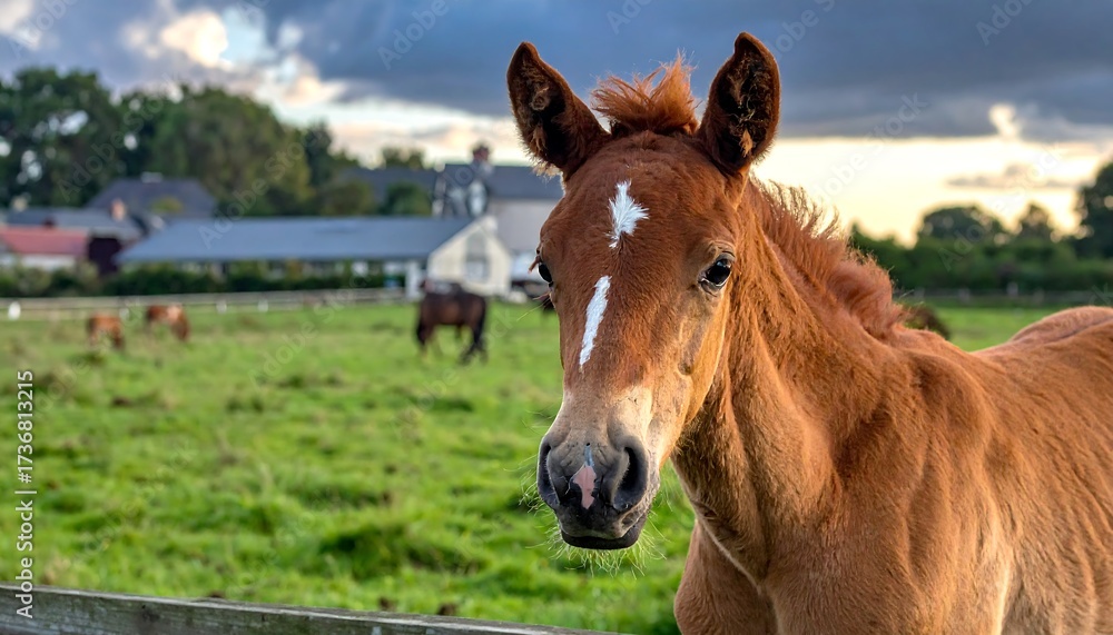 Obraz premium A young foal, head and shoulders, stands alert in a pasture, its reddish-brown coat highlighted by a distinctive white blaze.