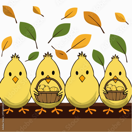 yellow chick pumpkin-basket strip vector for modern gift-wrap and cute signage
