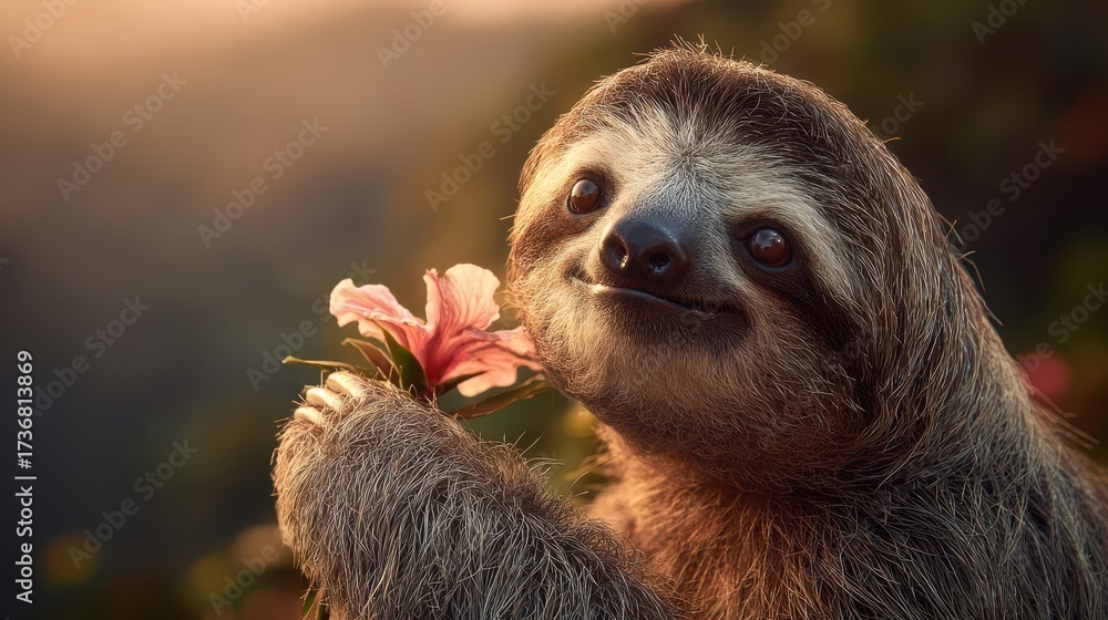 Fototapeta premium Smiling Sloth Smelling a Flower in Natural Light