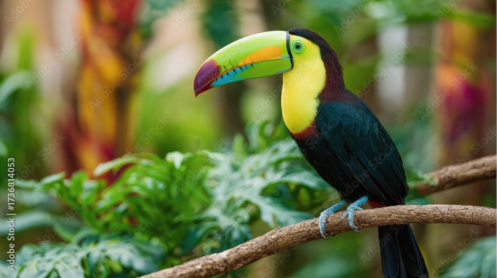 Obraz premium Colorful Toucan Bird Perched on Branch in Lush Green Environment