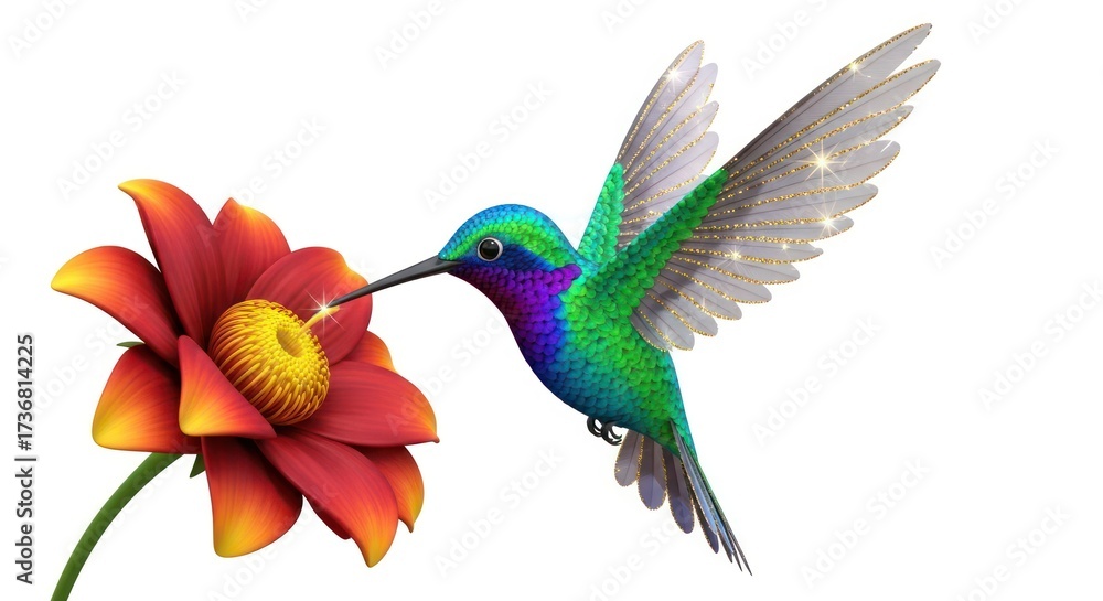 Fototapeta premium Vibrant hummingbird hovering delicately, drinking nectar from a radiant blossom against a clean