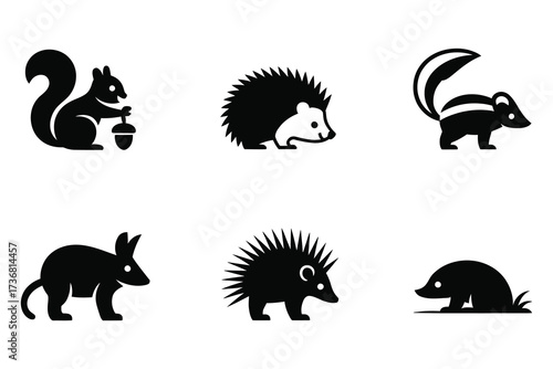 Collection of six distinct silhouette icons representing forest animals including squirrel hedgehog skunk and more.