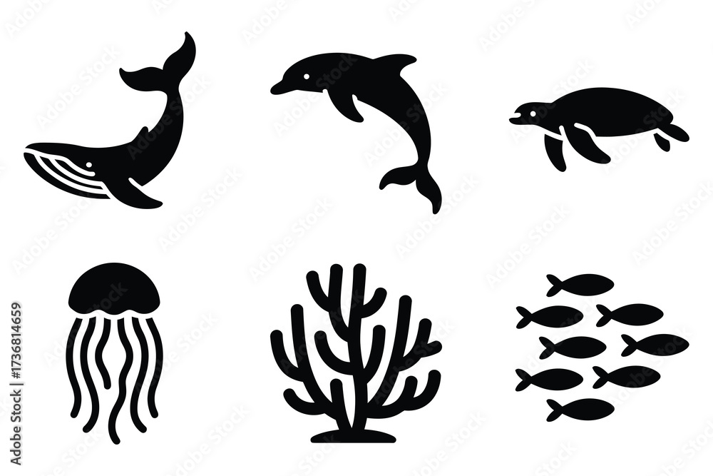 Fototapeta premium Ocean life silhouettes six marine animals and plants underwater creatures collection