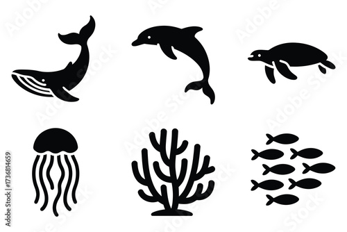 Ocean life silhouettes six marine animals and plants underwater creatures collection