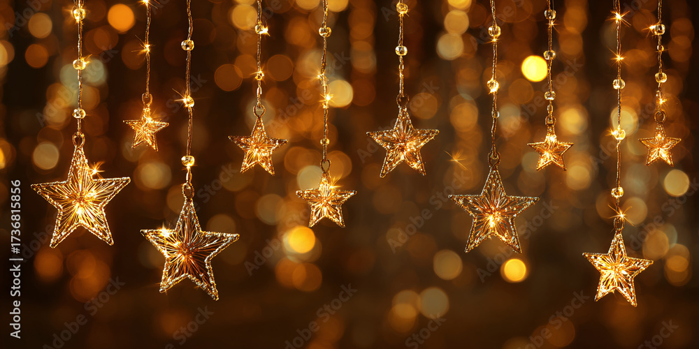 Fototapeta premium A glittering background with a garland of stars. Golden, sparkling, glowing stars. New Year's banner.