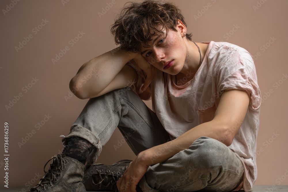 Obraz premium Young man seated against a beige background appears tired and contemplative after a long day, expressing emotion through relaxed body language in a casual outfit