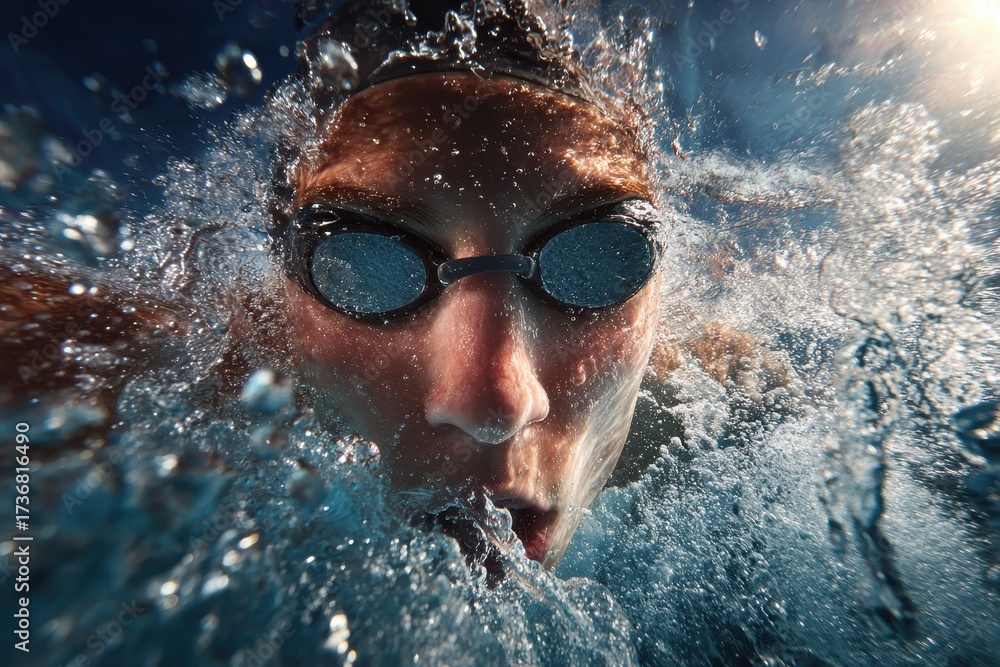 Fototapeta premium Diving into a vibrant underwater world during a competitive swimming event with a focused swimmer breaking through the surface at midday