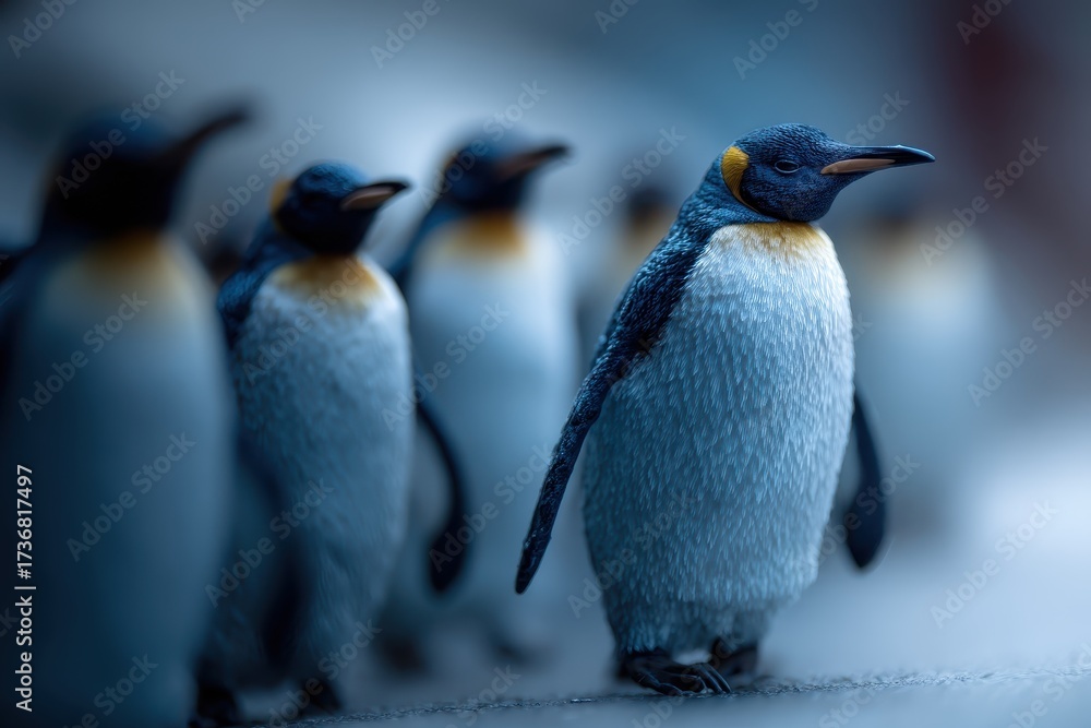 Fototapeta premium Penguins navigate their icy habitat in a colony at dusk, showcasing their distinctive black and white feathers and playful demeanor in an unspoiled natural setting