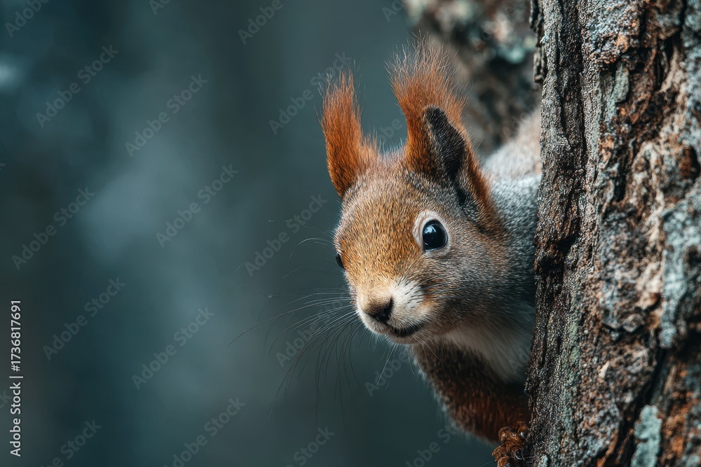 Fototapeta premium Squirrel's Peek A Curious Glance from Behind the Tree, Wildlife Portrait