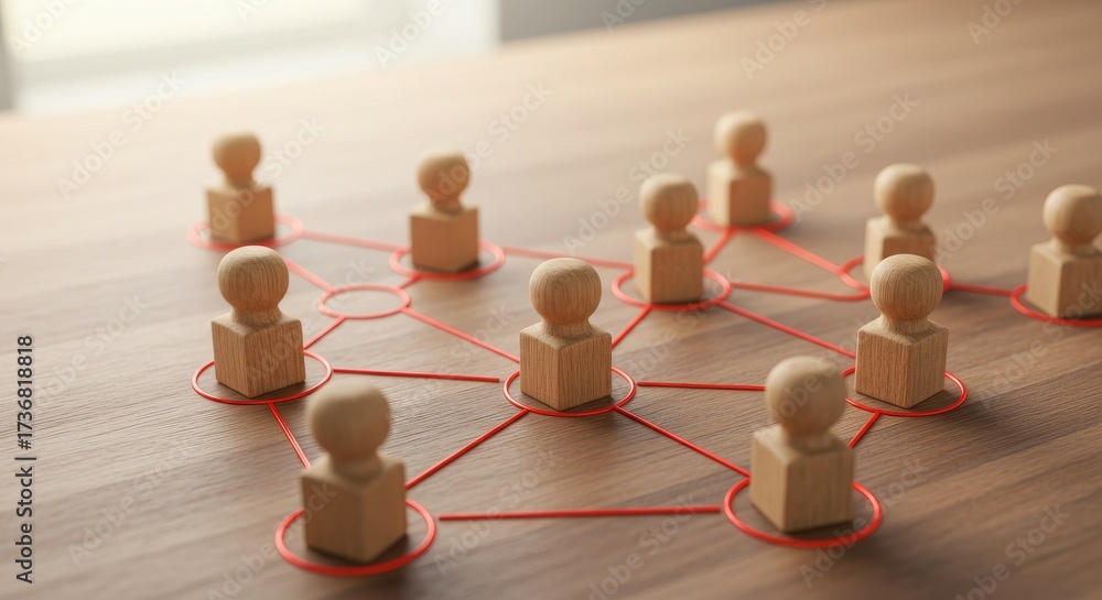 Obraz premium Wooden Figures Connected by Red Lines, Representing Network, Teamwork, and Collaboration.