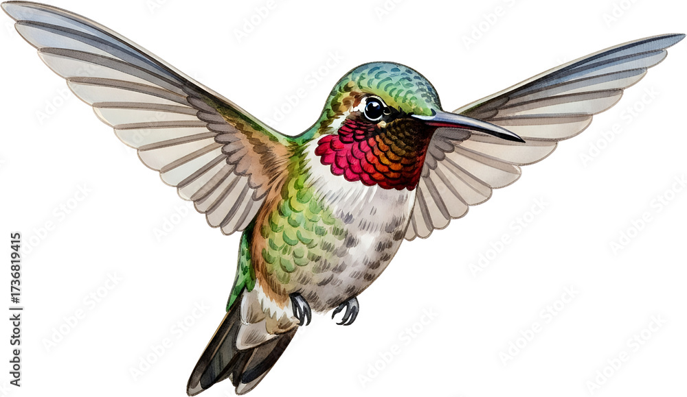 Obraz premium A Detailed Watercolor Painting Of A Hummingbird With Iridescent Green And Red Plumage In Flight Against A Solid Transparent Background Feathers Wings Isolated