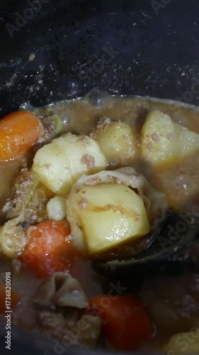 Beef and potato stew. A steaming pot on the stove. Cooking day.