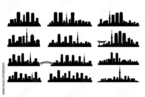 set of Tokyo Skyline Black Silhouette Japan Cityscape.
