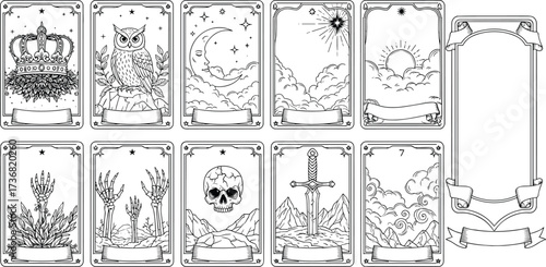 A collection of black and white line art illustrations for a custom tarot or oracle card deck featuring mystical symbols and esoteric concepts